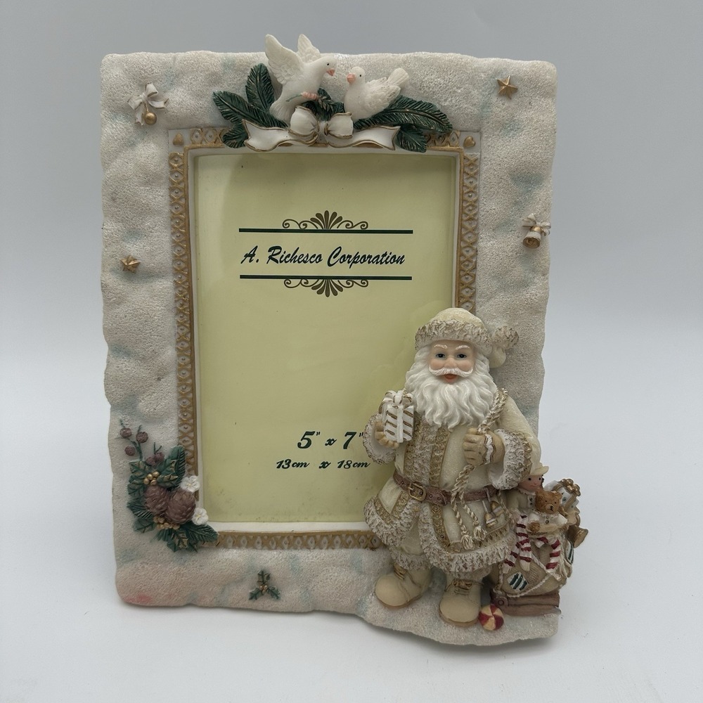 Vintage Heavy Duty‎ 3D Santa Christmas Photo Frame Bells Stars White Holiday